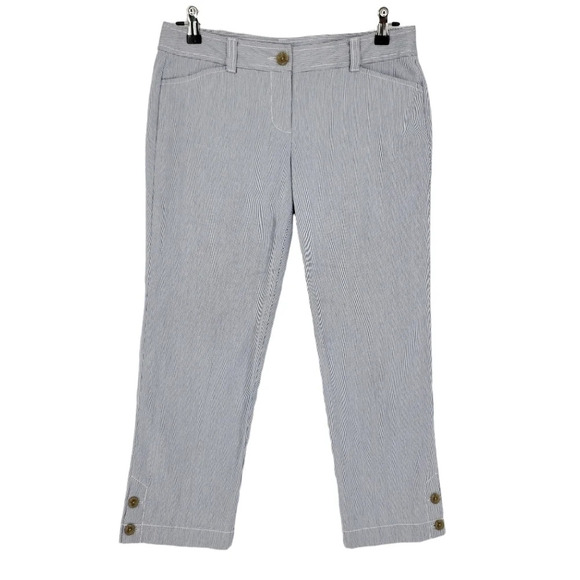Ann Taylor LOFT Original Crop Pants Blue Conductor Striped Button Ankle - Picture 1 of 6